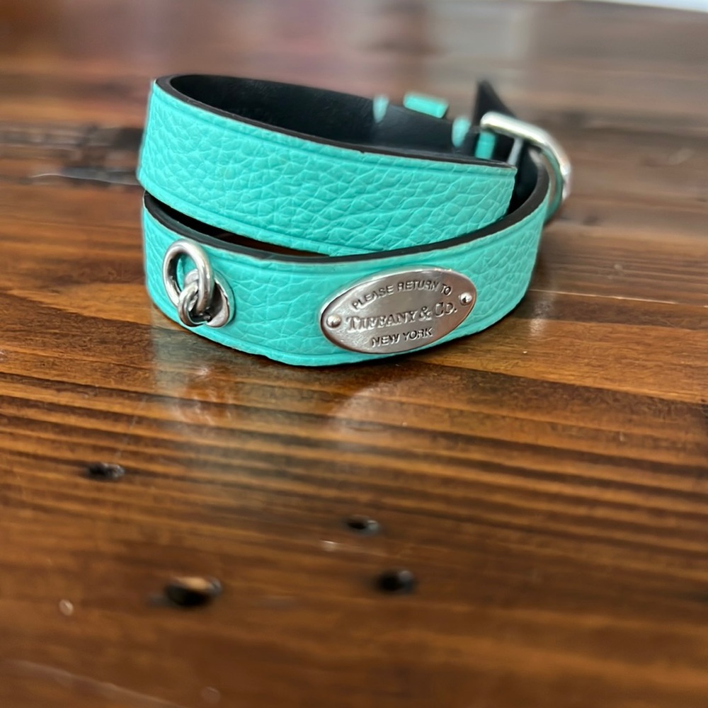 Tiffany & Co. Return to Tiffany blue leather and silver wrap bracelet sz S